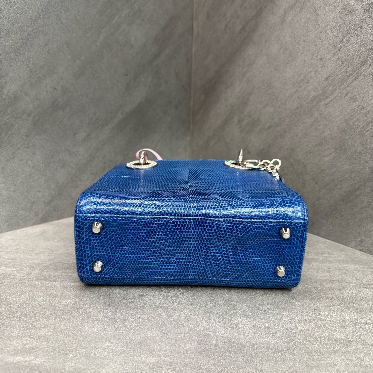 Dior Lady Dior Small (Three-Grid) Blue Diamond-Clasp Lizard Skin Handbag, with structured silhouette, clean interior, 15-series serial code, adjustable shoulder strap