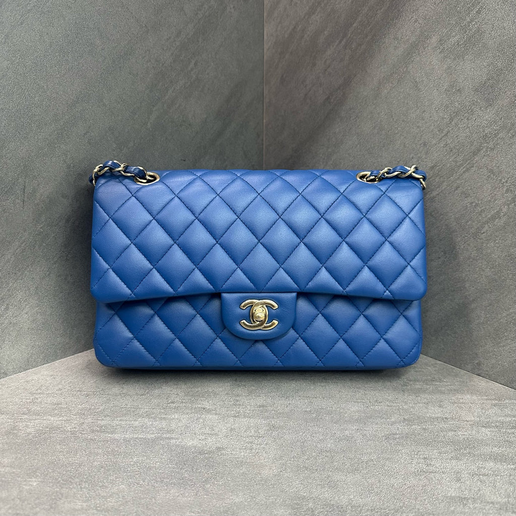 Chanel CF Medium Blue Gold Lambskin Chain Bag 25 Opening, Structured Shape, Clean Interior