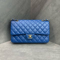 Chanel CF Medium Blue Gold Lambskin Chain Bag 25 Opening, Structured Shape, Clean Interior