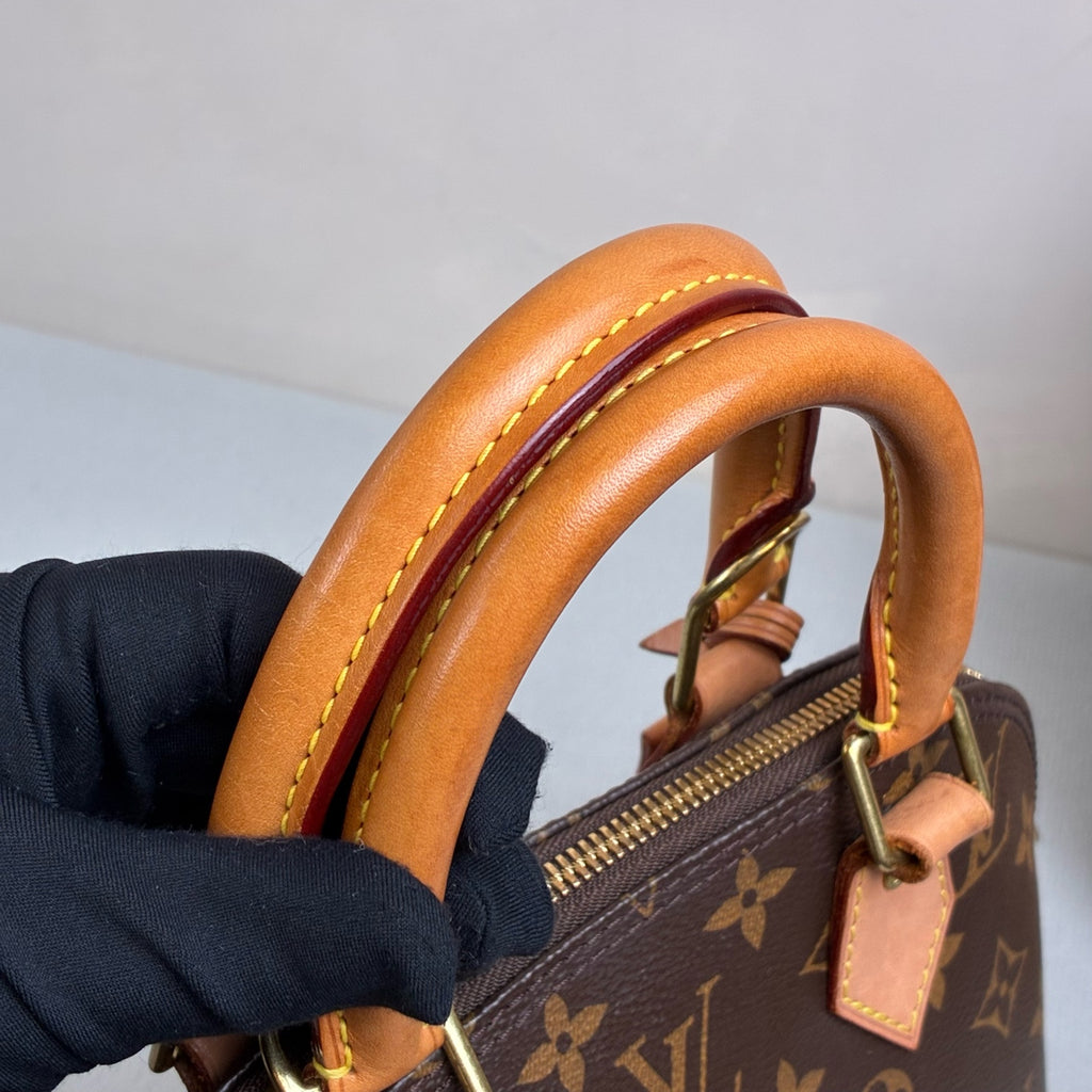 98% New LV Louis Vuitton Alma BB Shell Bag Classic Monogram with Brown Leather Edges Gold Hardware Size 23.5×17.5×1