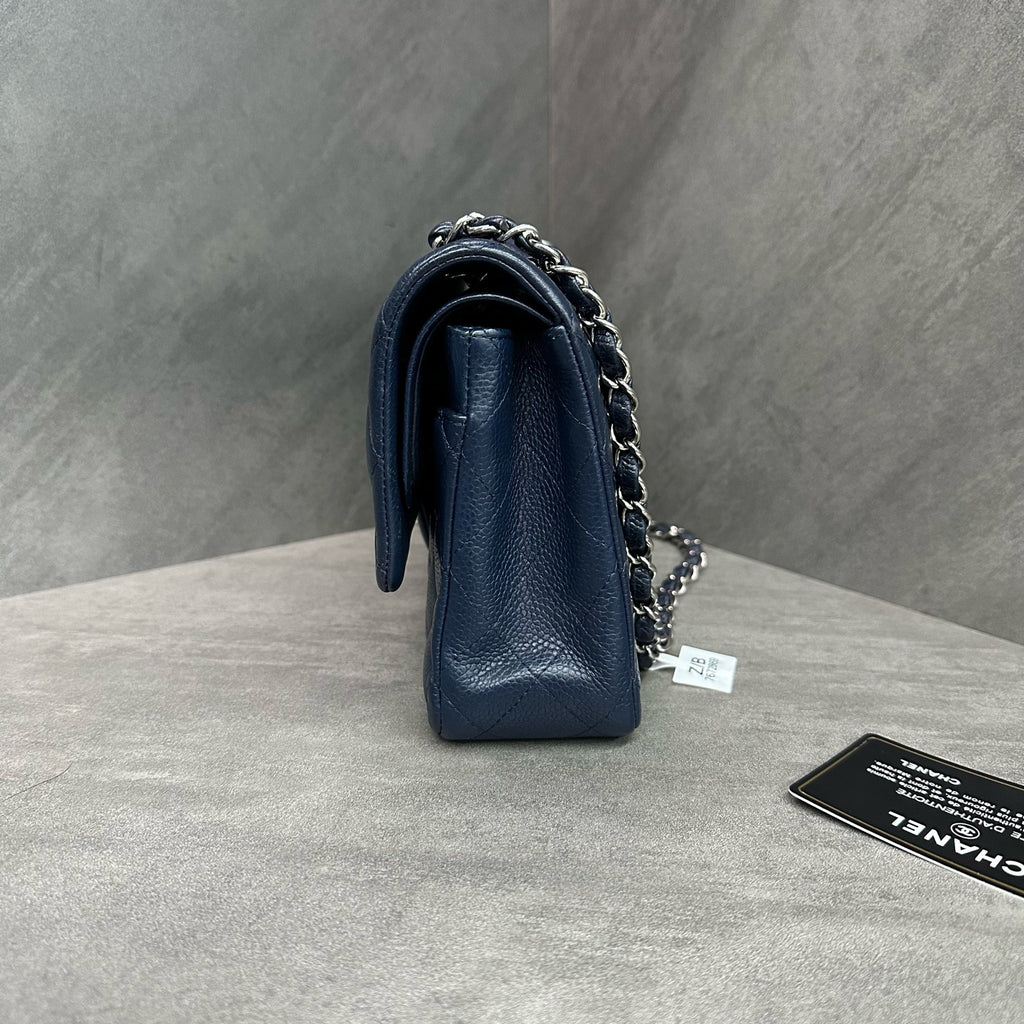 Chanel CF Medium Blue Silver Hardware Litchi Leather Chain Bag 15 Series with Card, Structured Shape, Clean Interior