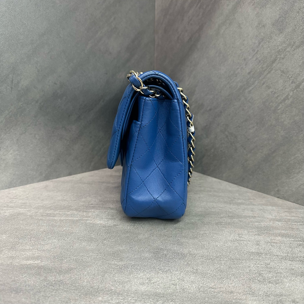 Chanel CF Medium Blue Gold Lambskin Chain Bag 25 Opening, Structured Shape, Clean Interior