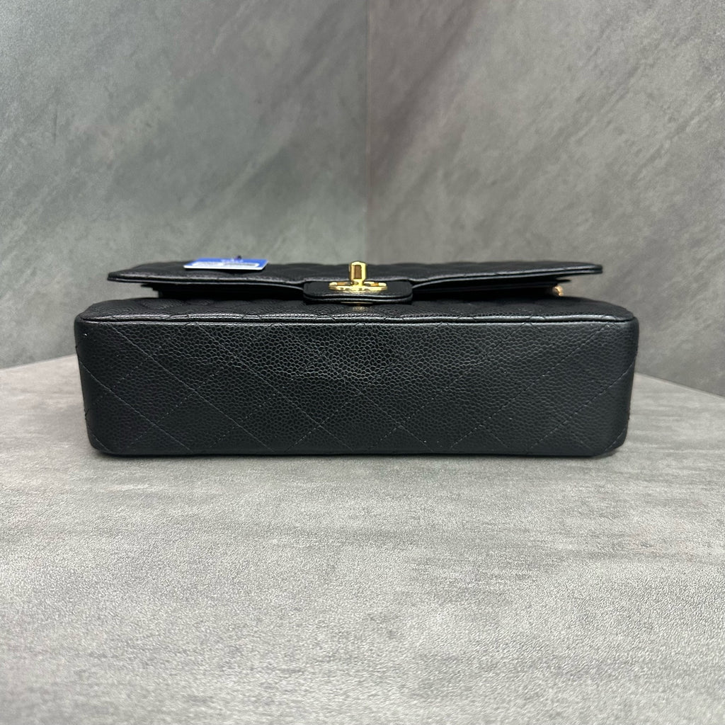 Chanel Medium Classic Flap, Black with Gold Hardware, Grained Calfskin, 2023 Microchip Version, Structured Silhouette, Original Condition