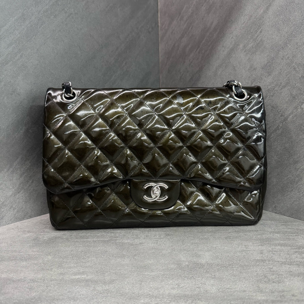 Chanel CF Patent Leather Double Flap Dark Green Jumbo 16 Series, In Stock at Great Price