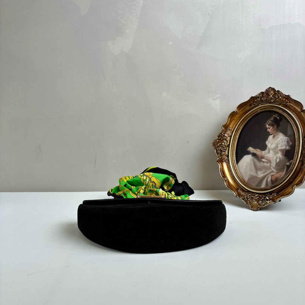 Balenciaga Silk Scarf Handle Half Moon Bag   Size: 22*12   Suede Material   Black + Green Scarf