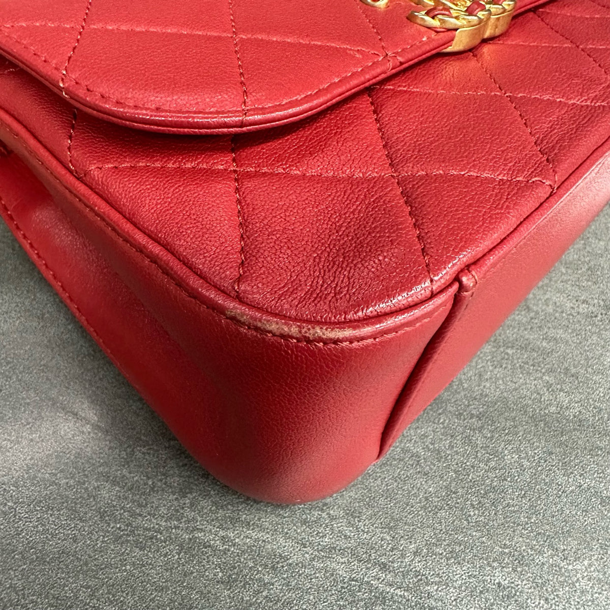 Chanel 19 Bag Red with Gold Hardware Lambskin Messenger Handbag Crossbody Bag 28 Opening with Card and Receipt