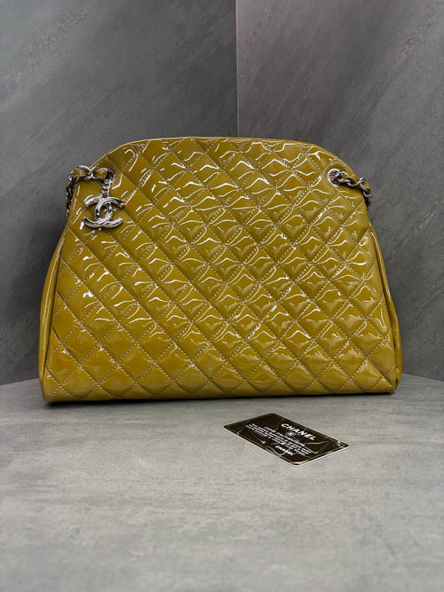 Chanel Bowling Bag, Olive Green Patent Leather, 16-size with authenticity card, structured silhouette, clean interior, original condition
