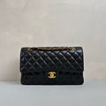 Chanel Medium Chip Double Flap Bag Black Gold Lychee Leather 99% New Size 25.5*15