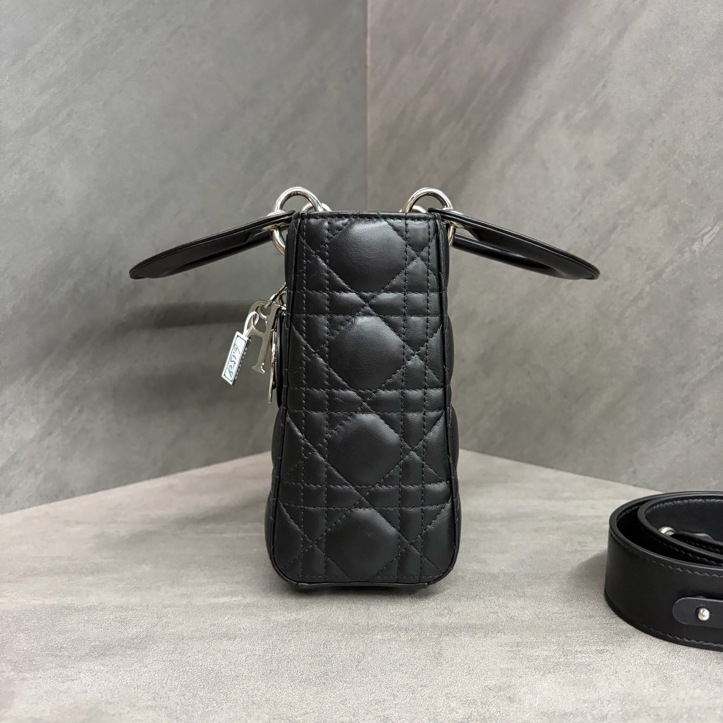 Dior Lady Dior, four-grid, black and silver lambskin, 2019 serial code, structured shape, pristine condition, original condition