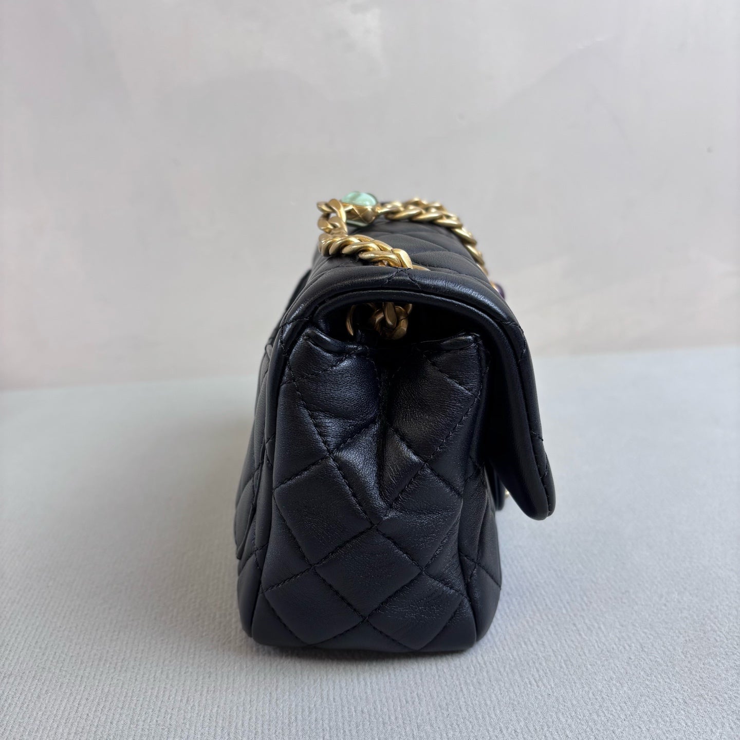 Chanel Black Gold Sheepskin Square “Fat Boy” Chain Bag 31 Size 17*12