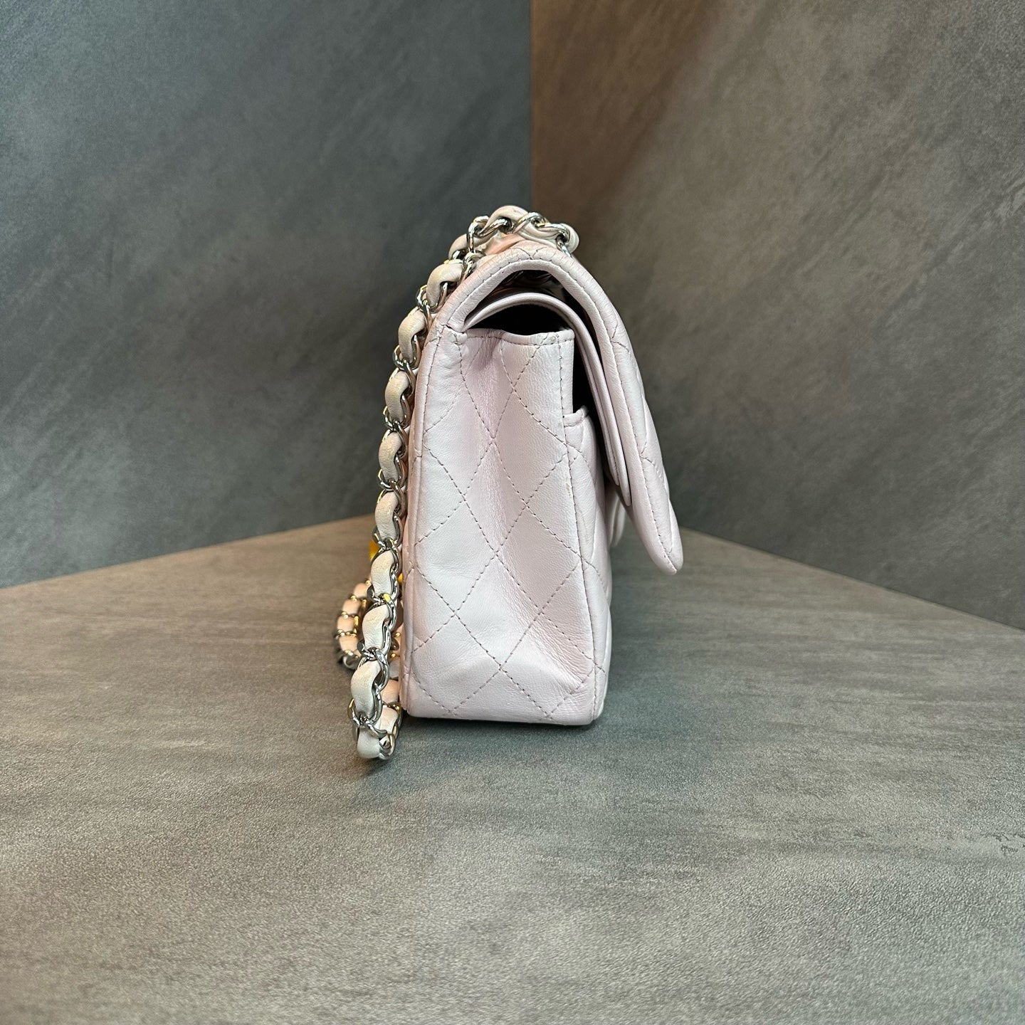 Chanel Medium Classic Flap Pink Silver Lambskin Chain Bag, 25-series code, structured shape, clean interior