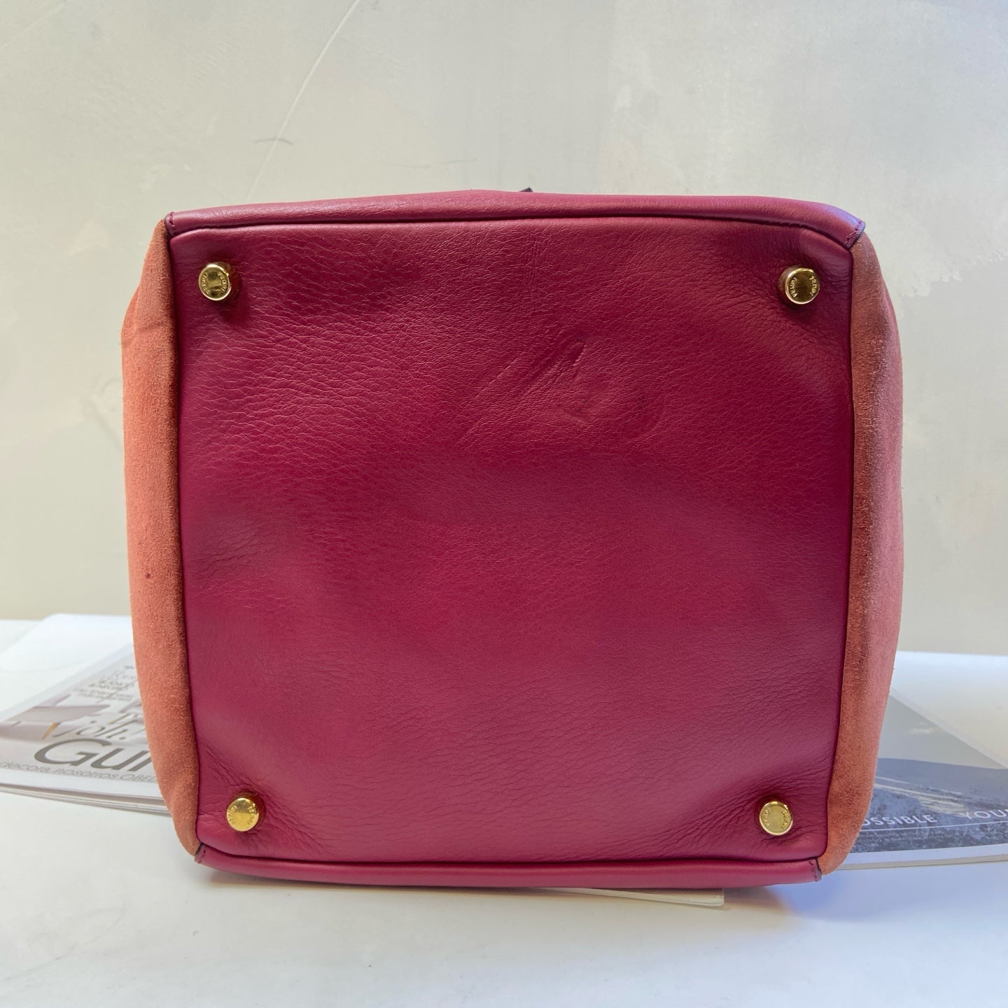 FENDI Deer Leather Patchwork Women's Bag Shoulder Bag 98% New Size 24*24*23 Burgundy Suede and Cowhide