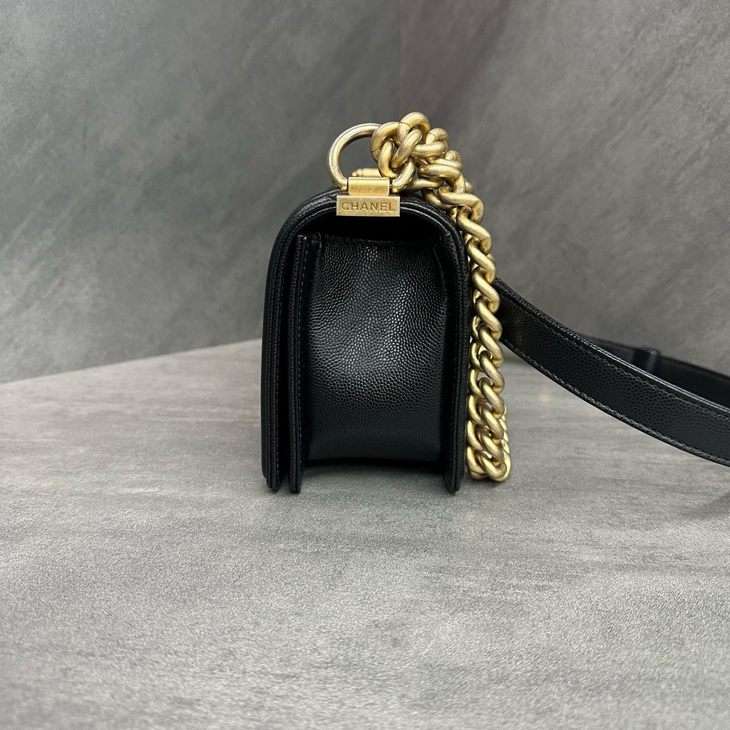 Chanel Le Boy Small Black Gold Lambskin Chain Bag 26 opening, structured shape, clean interior.