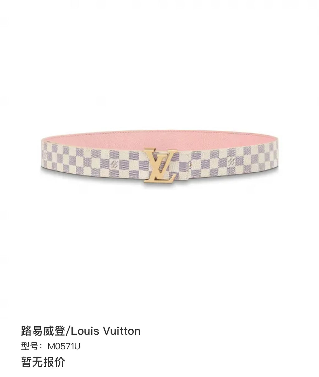 Louis Vuitton M0571U LV Reversible Belt with White Checkered Pattern and Pink, Gold Buckle, 30mm