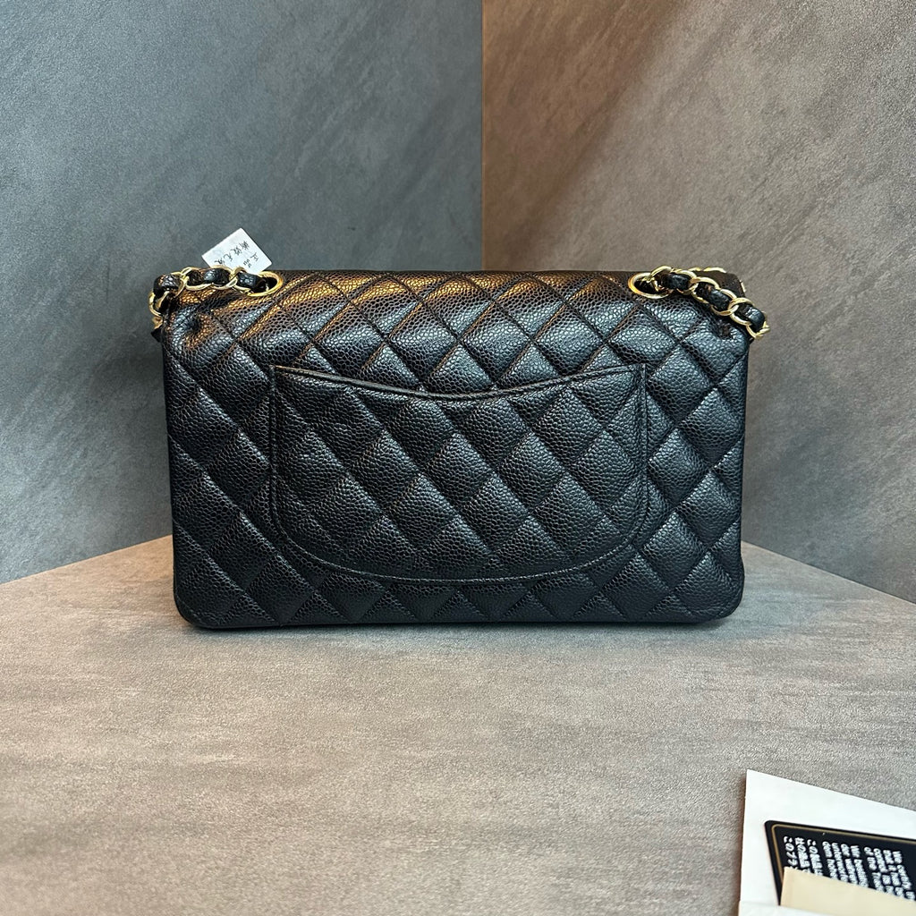 Chanel cf medium size black gold lychee cowhide chain bag, 15 opening, cassette, ticket bag type, three-dimensional, clean inside