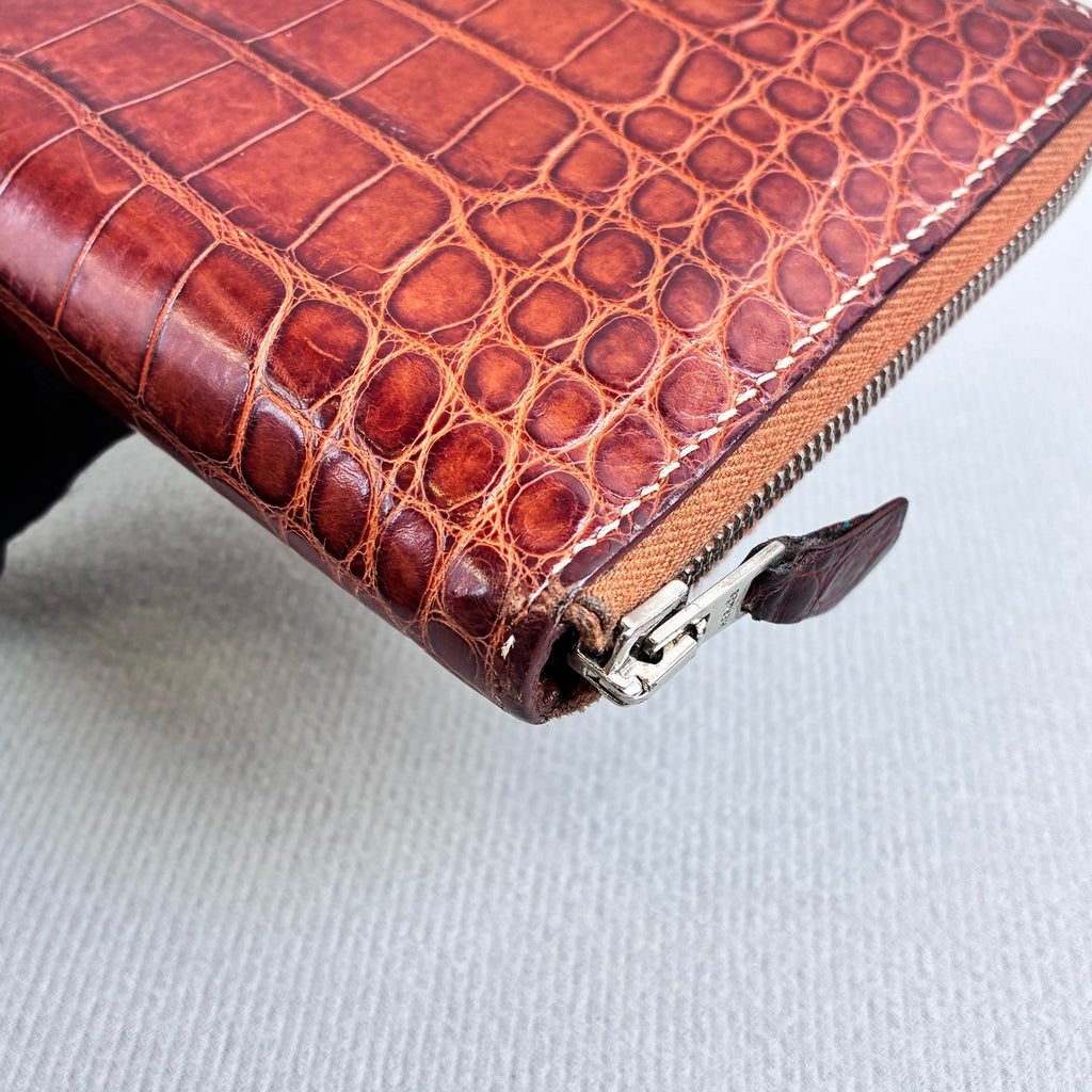Hermès 99% new K stamp crocodile leather long wallet, red-brown color, size 20*11.
