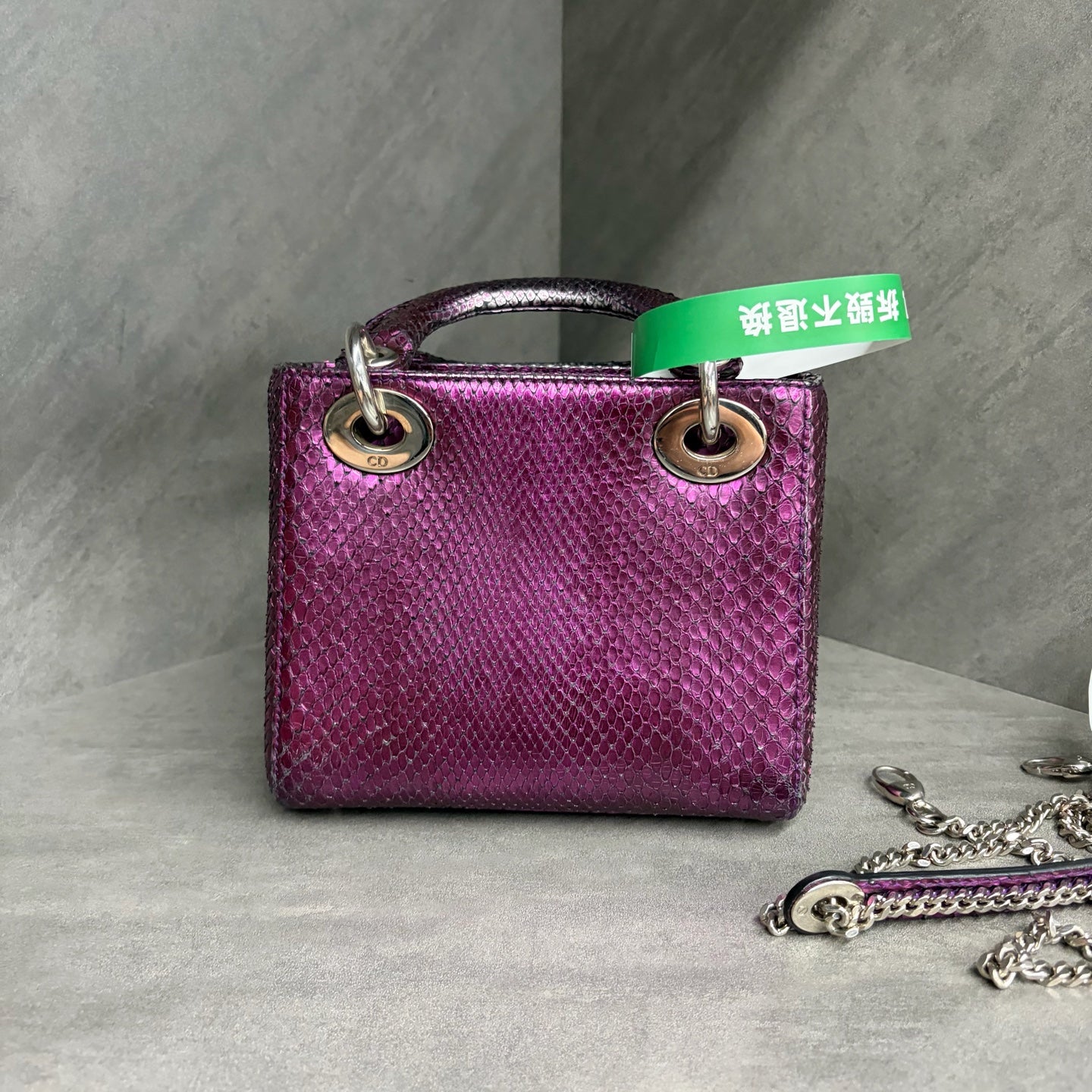 Dior Lady Dior, three-grid purple snakeskin, 2015 chain shoulder strap, structured silhouette, in stock at a great price
