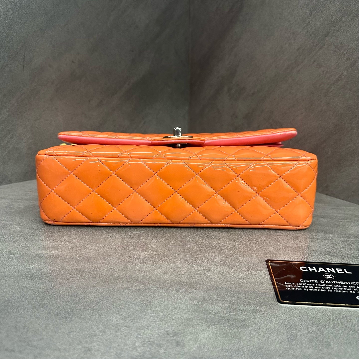 Chanel CF Medium Pink Silver Patent Leather Chain Bag 21 Series, structured shape, clean interior.