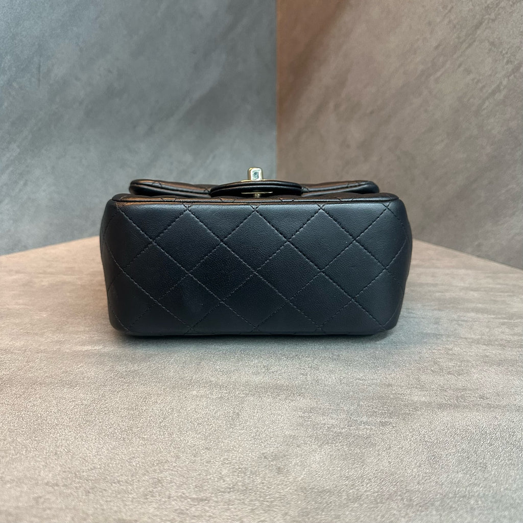 Chanel CF Square Flap Bag, black-gold lambskin with chain, 30-series code, structured shape, clean interior