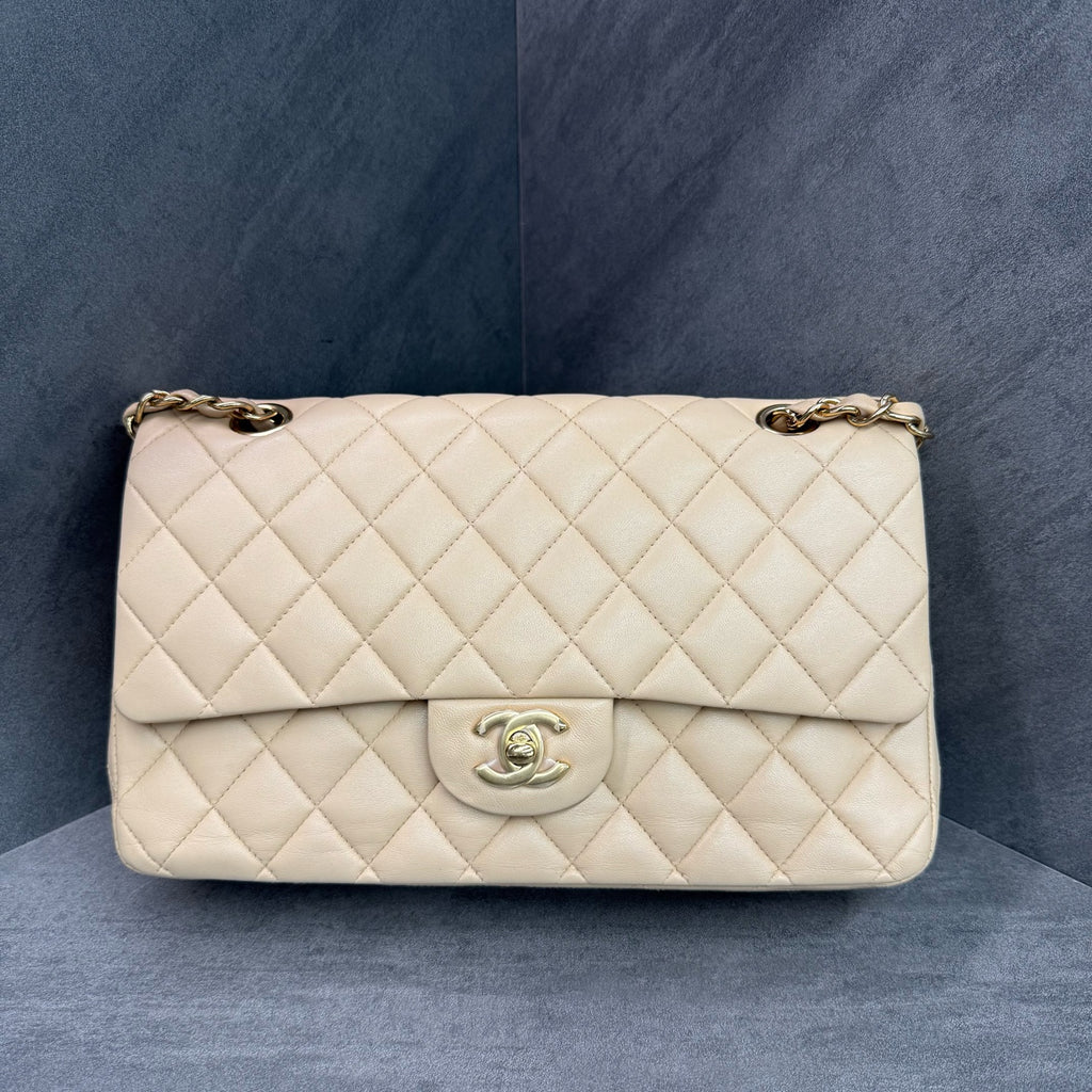 Chanel Beige Lambskin CF Medium Bag, Structured Design, Clean Interior, 15-Series, Available at a Good Price.