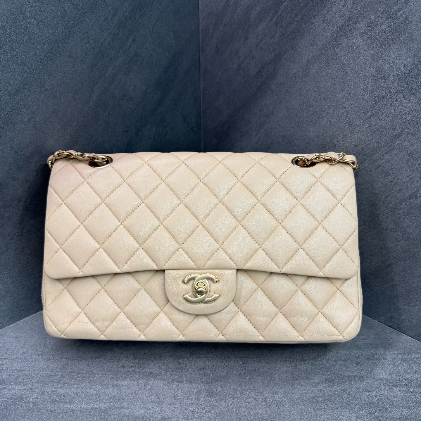 Chanel Beige Lambskin CF Medium Bag, Structured Design, Clean Interior, 15-Series, Available at a Good Price.