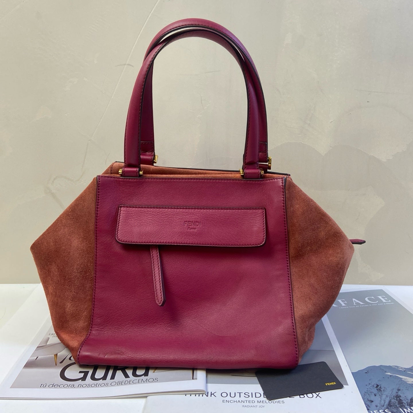 FENDI Deer Leather Patchwork Women's Bag Shoulder Bag 98% New Size 24*24*23 Burgundy Suede and Cowhide