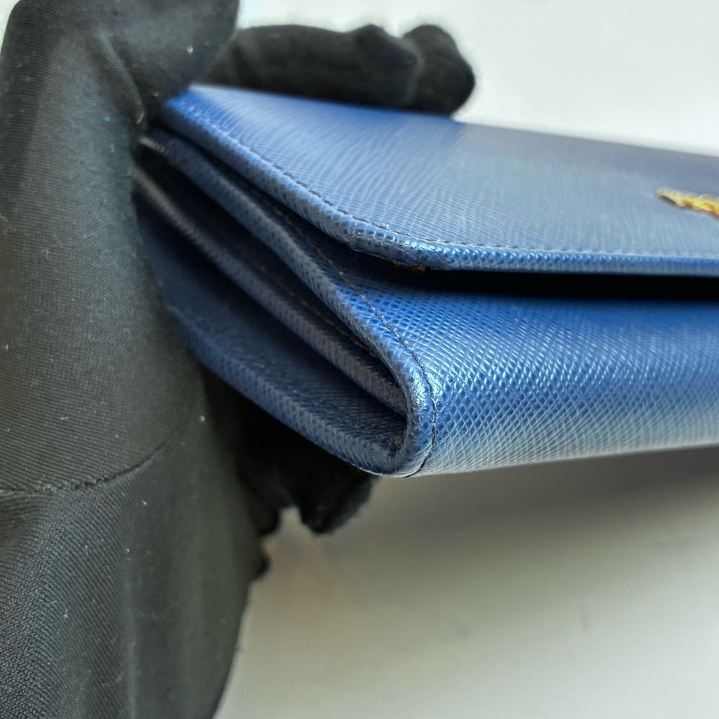 Prada Deep Blue Cross Grain Leather Flap Long Wallet 99% New Size: 18.5×9
