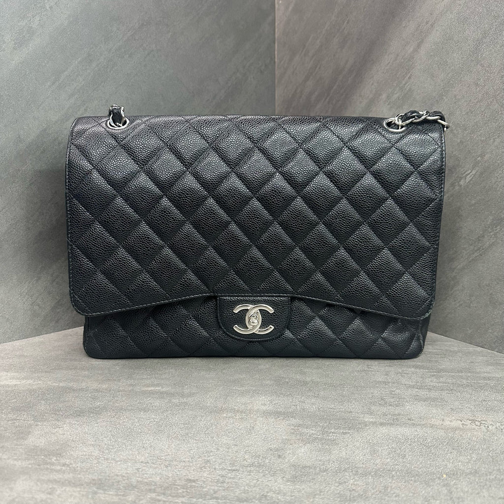 Chanel CF Maxi Black Silver Lambskin Chain Bag 17 Open Bag Shape with Structure, Clean Interior