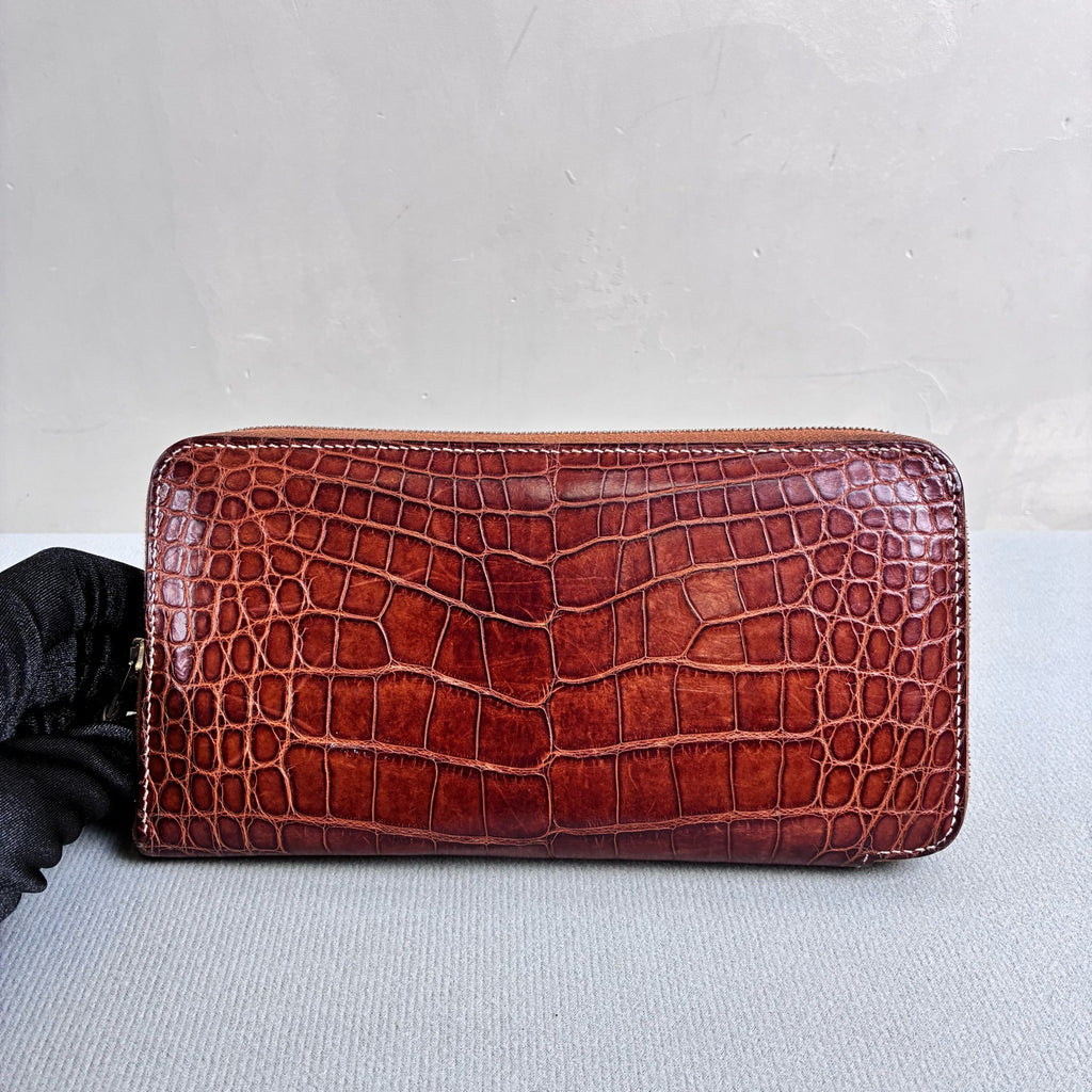 Hermès 99% new K stamp crocodile leather long wallet, red-brown color, size 20*11.