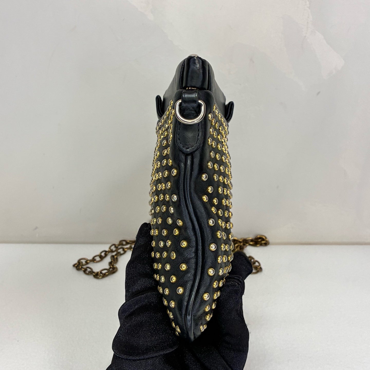 Miu Miu 95% new black studded clutch with gold stud embellishments, size: 18*14*5cm.