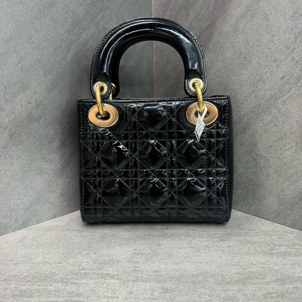 Dior Lady Dior Black and Gold Patent Leather Mini Cannage Bag, 2019 serial code