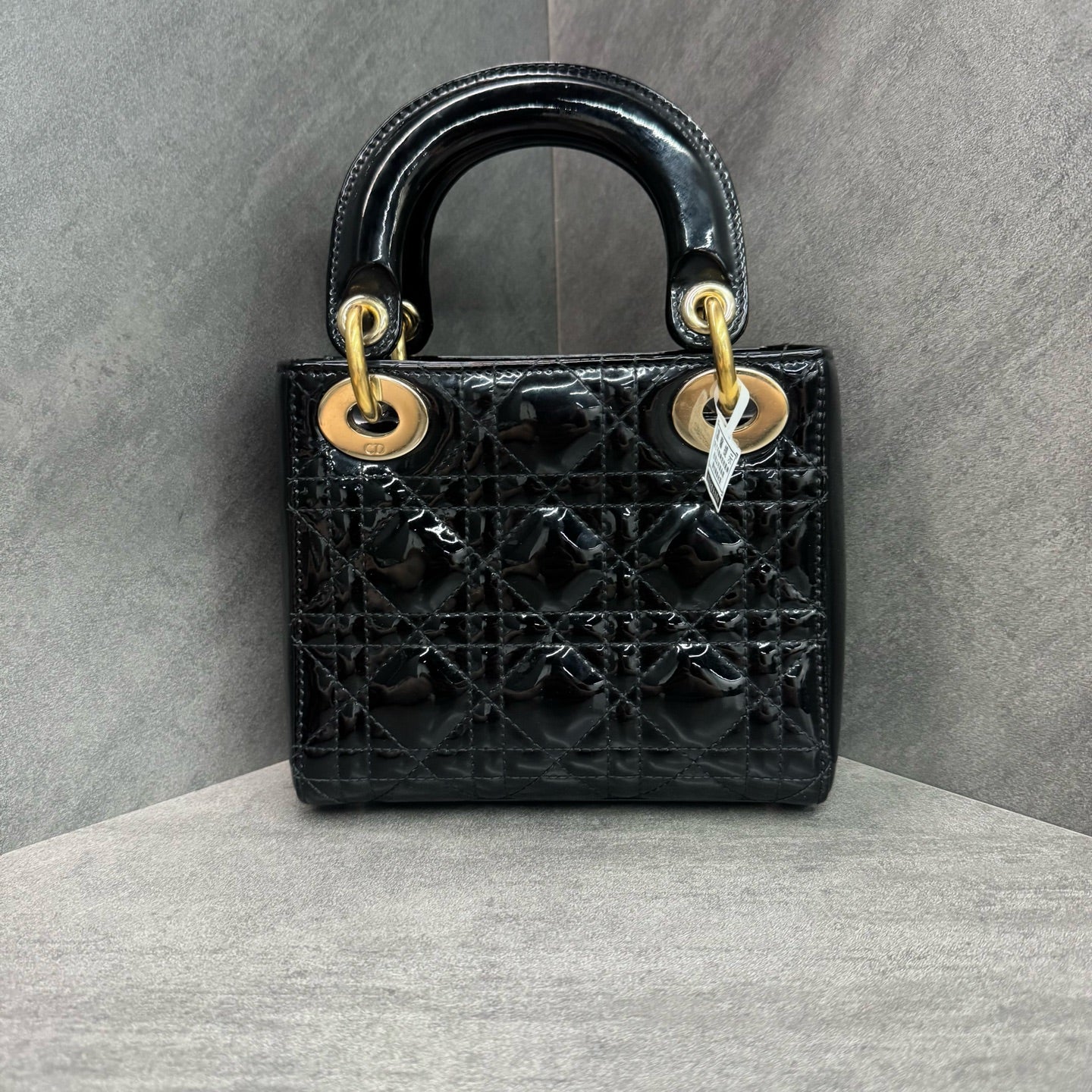 Dior Lady Dior Black and Gold Patent Leather Mini Cannage Bag, 2019 serial code