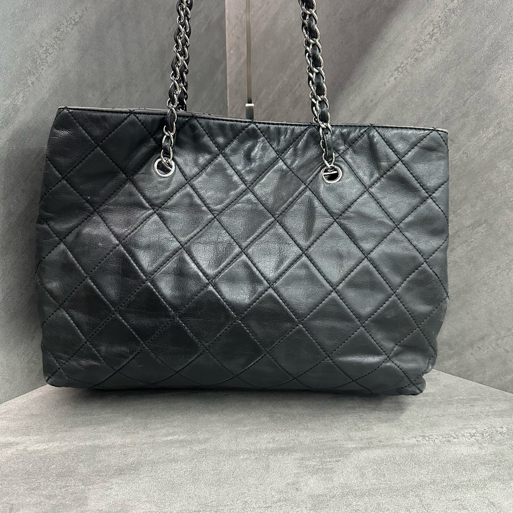 Chanel Quilted Tote Bag, Laser Marked 14th Batch, Black Cowhide Silver Shoulder Bag