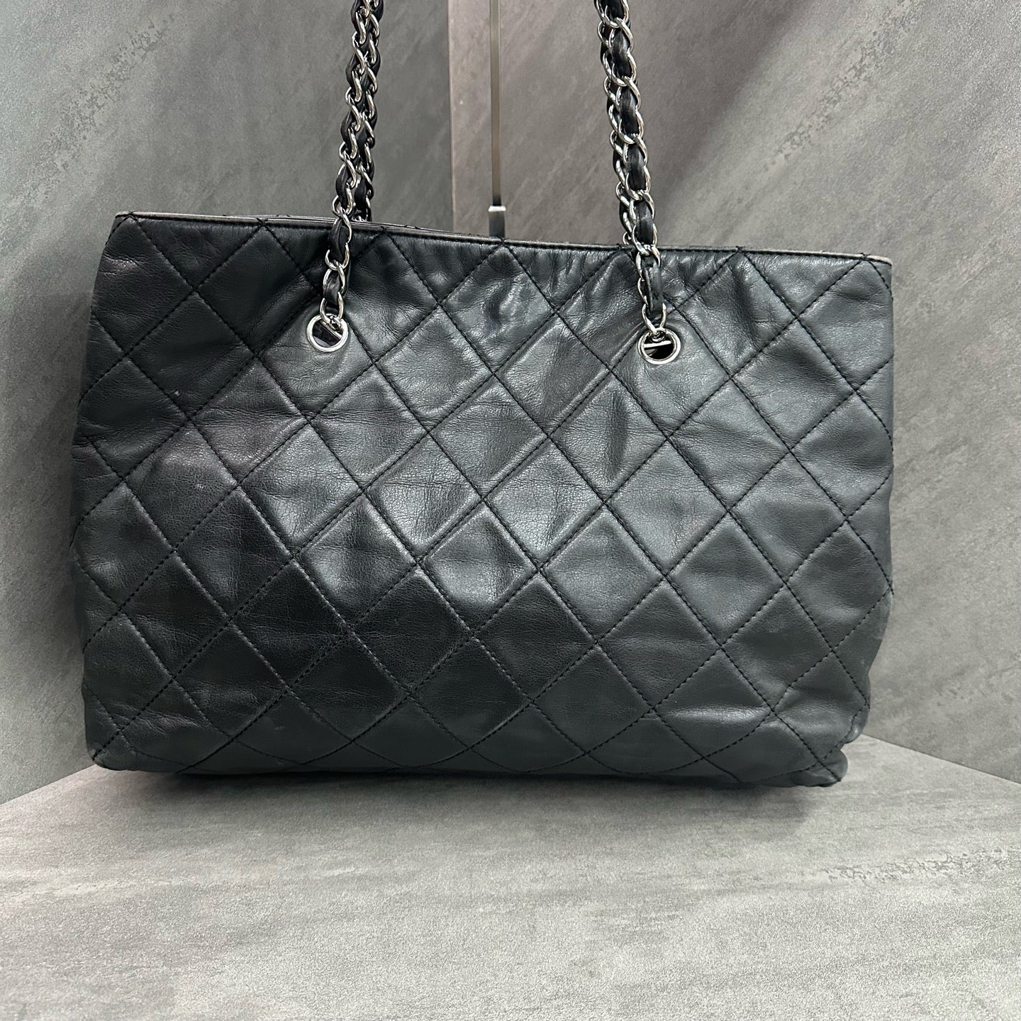 Chanel Quilted Tote Bag, Laser Marked 14th Batch, Black Cowhide Silver Shoulder Bag