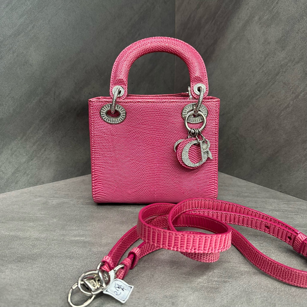 Dior fuchsia lizard skin diamond-embellished clasp three-panel Lady Dior, 2020