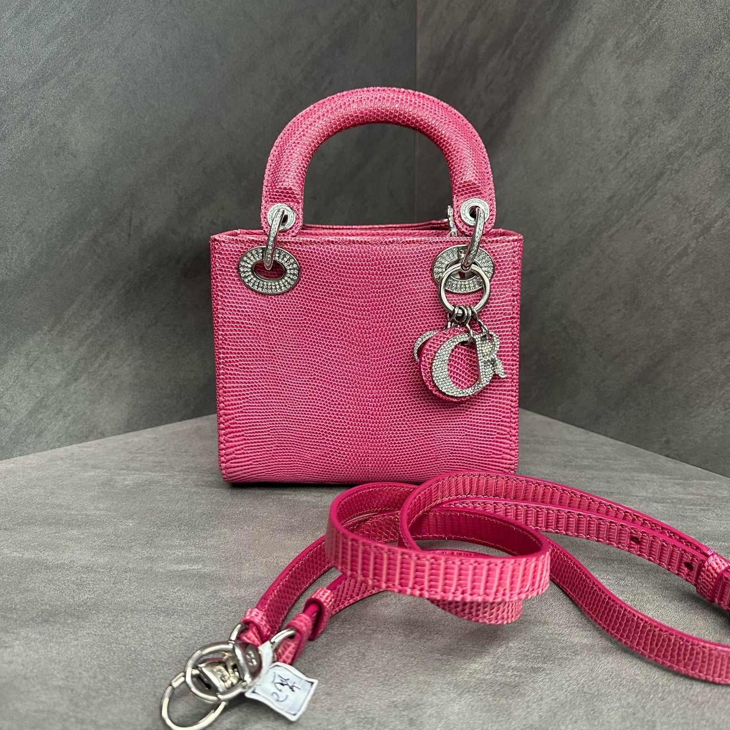 Dior fuchsia lizard skin diamond-embellished clasp three-panel Lady Dior, 2020