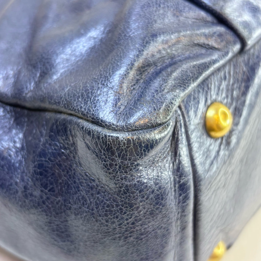 Miu Miu Blue Ruched Oil Wax Leather Tote Crossbody Bag Size 27*20 Excellent Condition 98% New