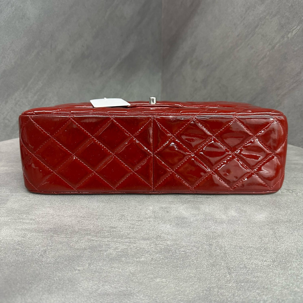 Chanel CF Jumbo Wine Red Silver Hardware Patent Leather Chain Bag 15cm, Structured Shape, Clean Interior