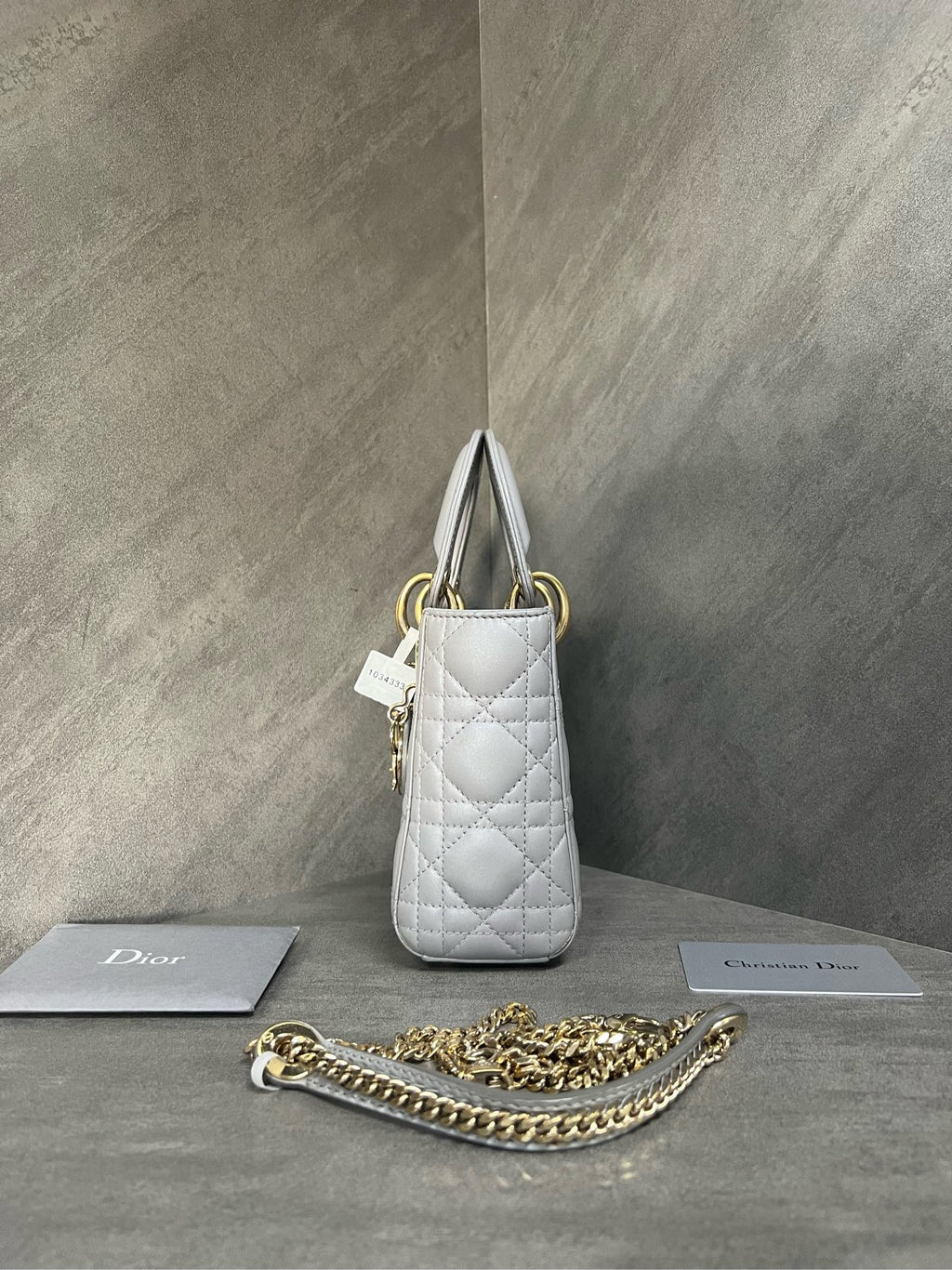 Dior Lady Dior Mini 3-grid Sheepskin Gray, 18 serial code, with authenticity card, chain shoulder strap