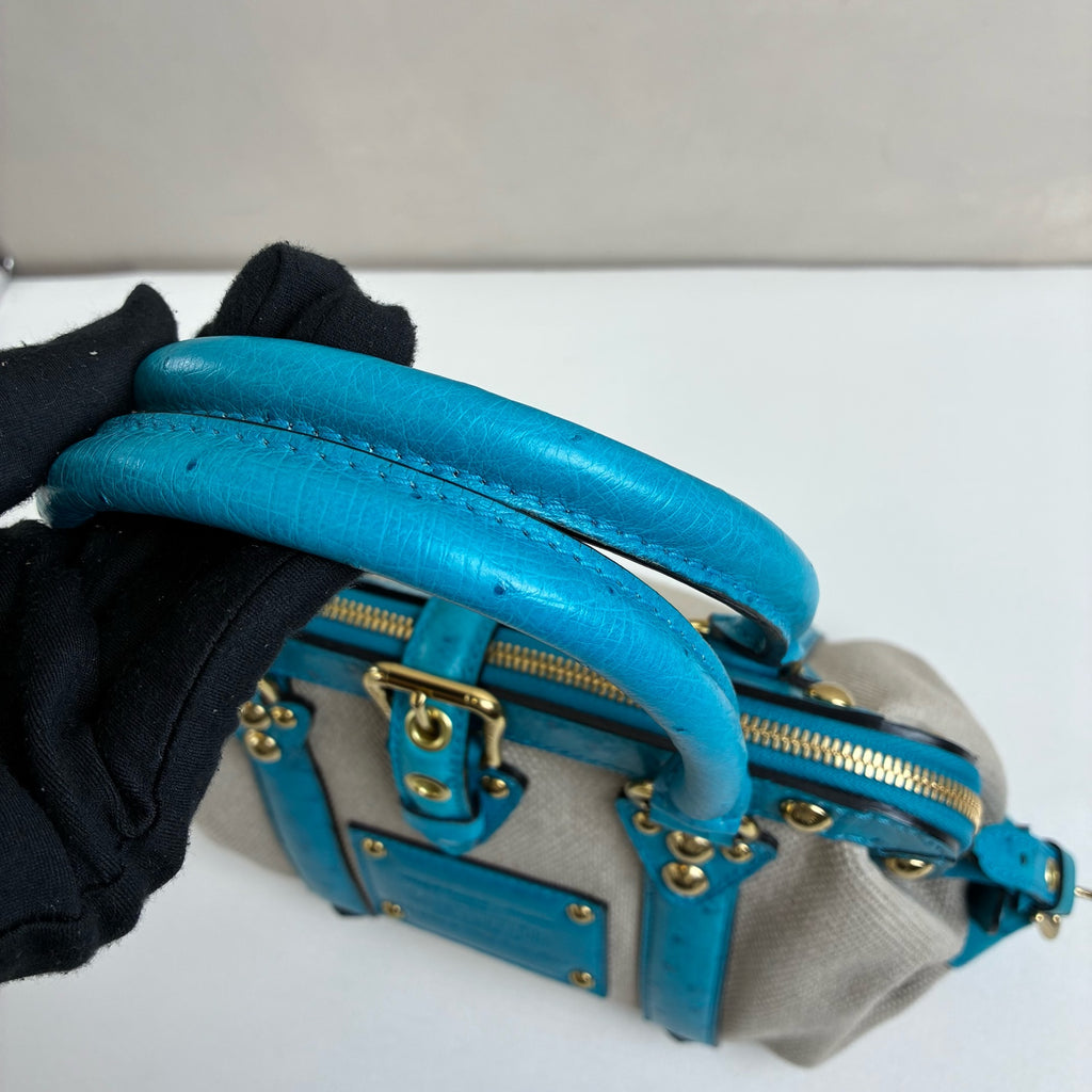 LV Blue Ostrich Leather and Canvas Lock Handbag Show Model, Blue Ostrich with Beige Canvas, 23*19.