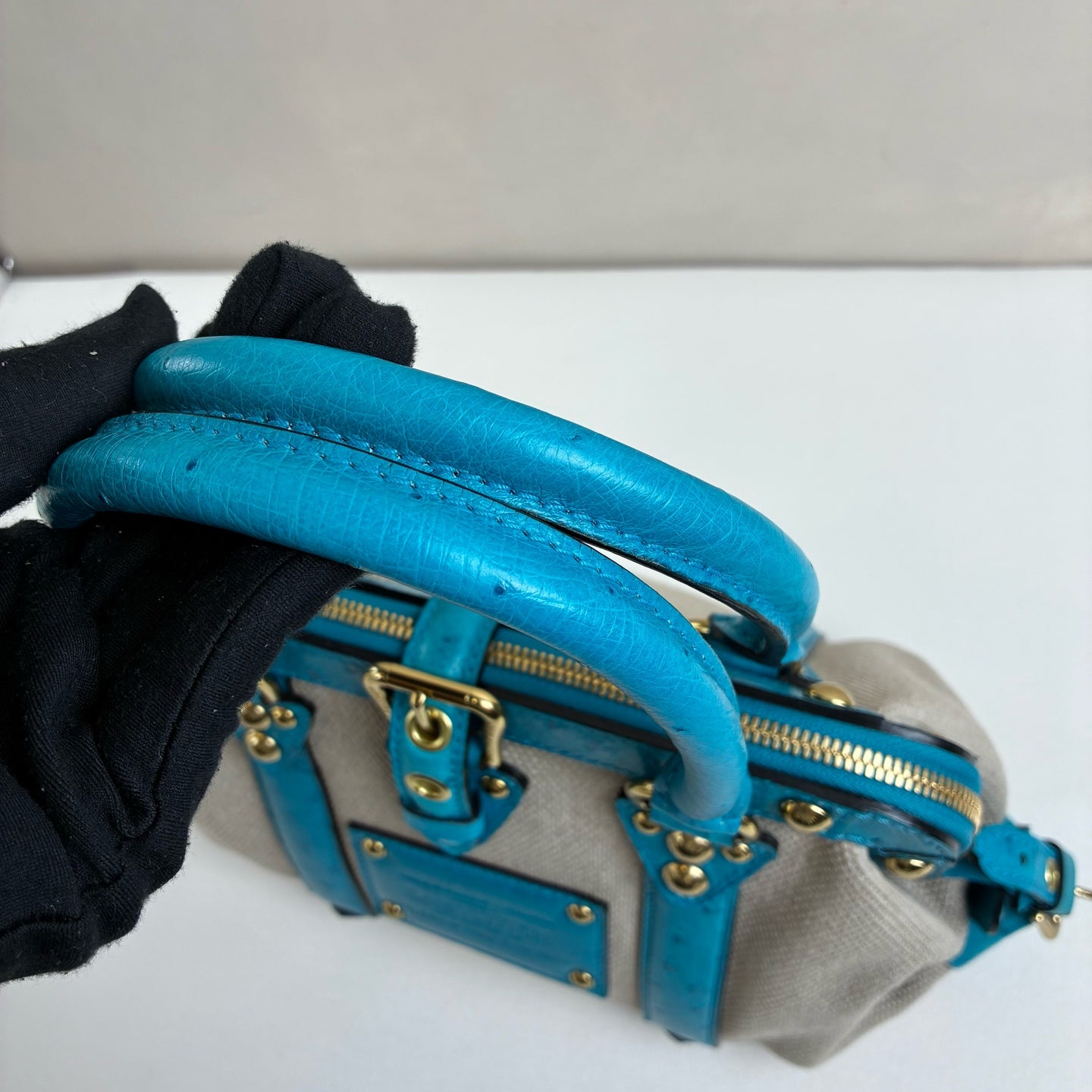 LV Blue Ostrich Leather and Canvas Lock Handbag Show Model, Blue Ostrich with Beige Canvas, 23*19.