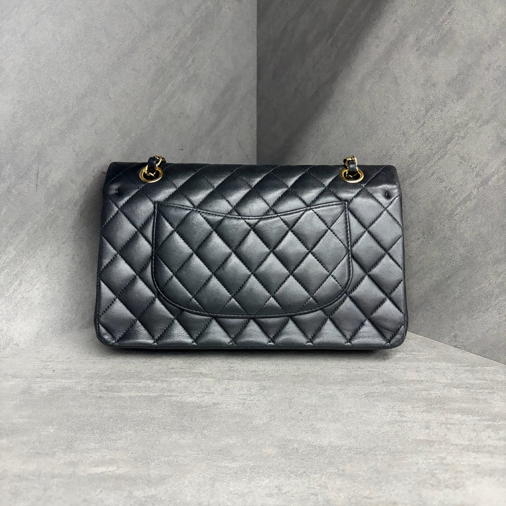 Chanel CF Medium Black Gold Lambskin, 14-series with card, structured shape, clean interior, in stock at a great price