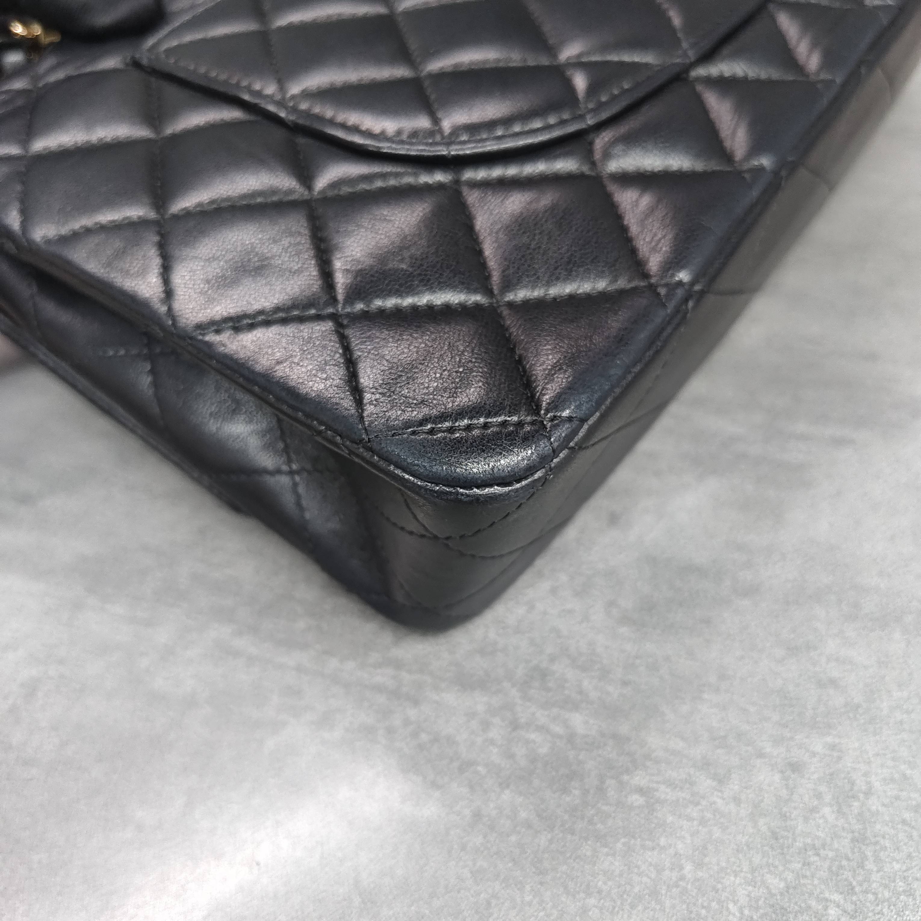 Chanel CF Medium Black Gold Lambskin Chain Bag 12 Opening No Card Structured Shape Clean Interior