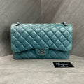 Chanel CF Jumbo Lake Blue Lambskin Chain Bag with Silver Hardware - 15 Opening with Card - Three-Dimensional Shape - Clean Interior