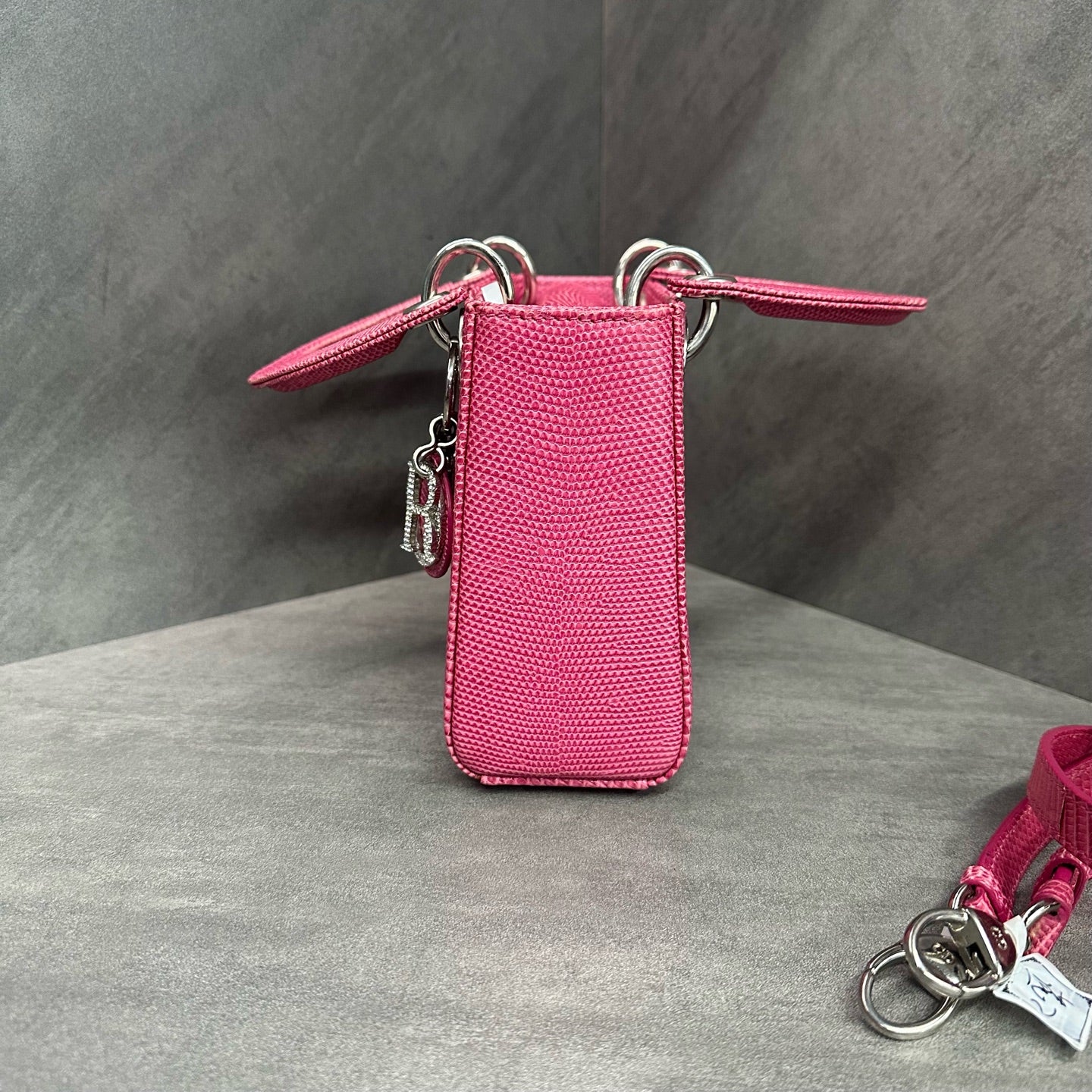 Dior fuchsia lizard skin diamond-embellished clasp three-panel Lady Dior, 2020