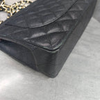 Chanel CF Jumbo Black Gold Litchi Grain Leather Chain Bag 16K, structured bag shape, clean interior.