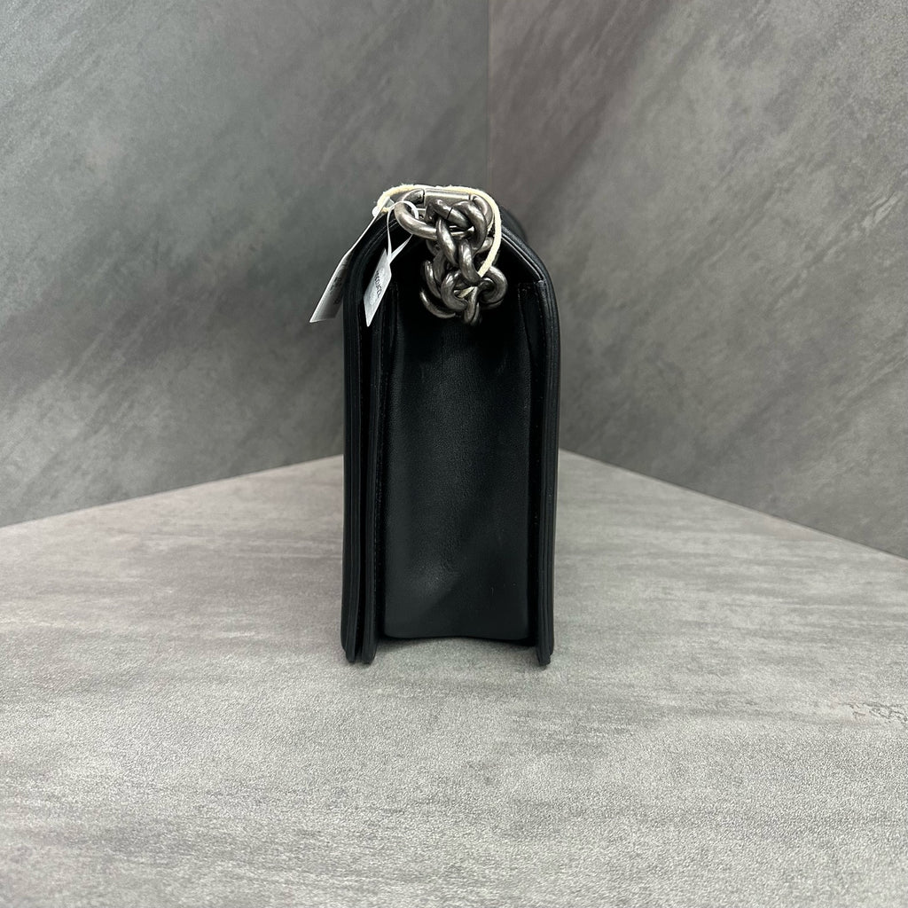 Chanel Le Boy Medium Large Black Silver Lambskin Chain Bag 20 Series, structured shape, clean interior.