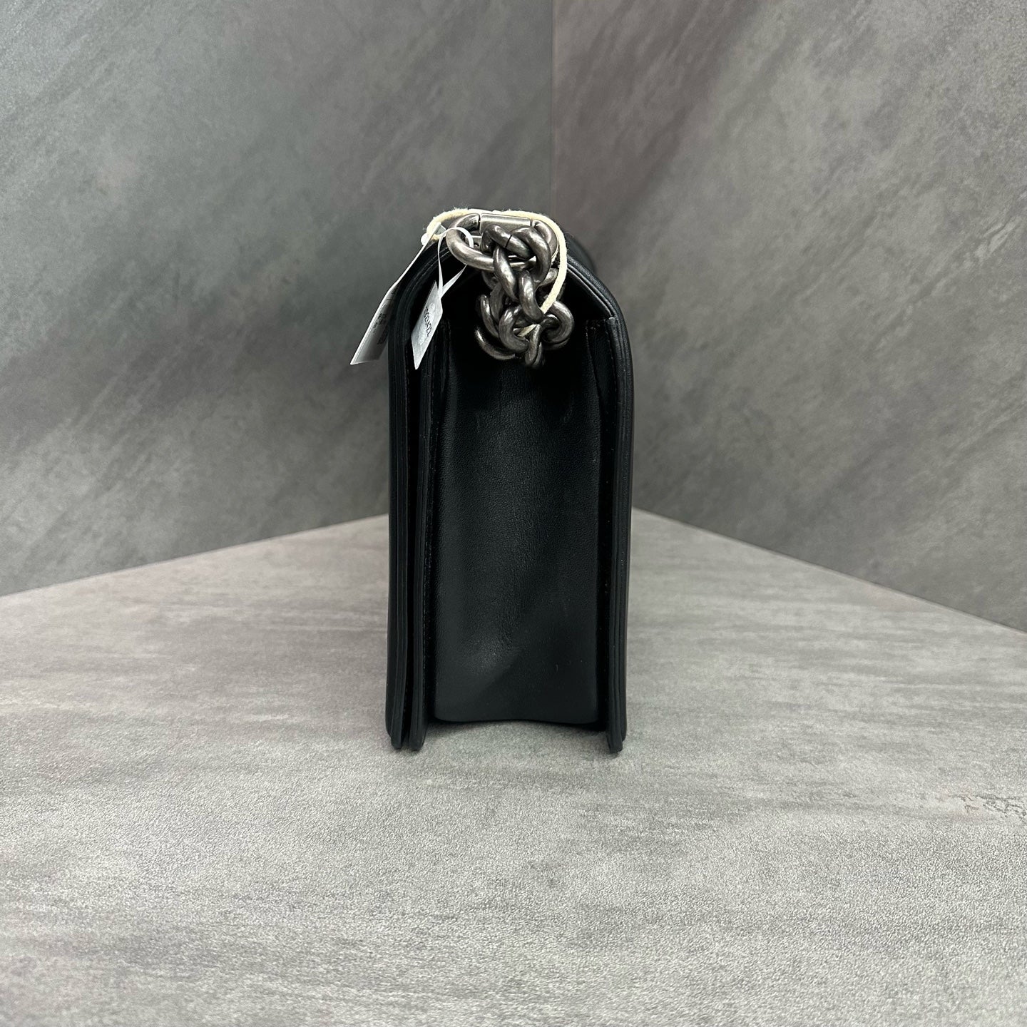 Chanel Le Boy Medium Large Black Silver Lambskin Chain Bag 20 Series, structured shape, clean interior.