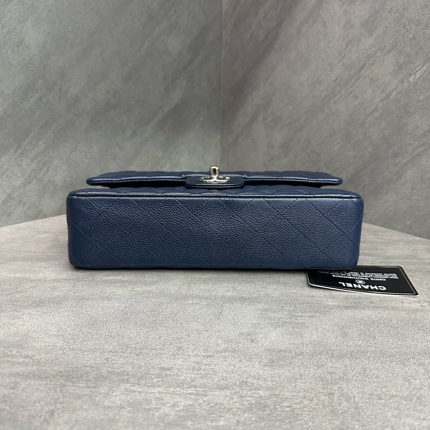 Chanel CF Medium Blue Silver Hardware Litchi Leather Chain Bag 15 Series with Card, Structured Shape, Clean Interior