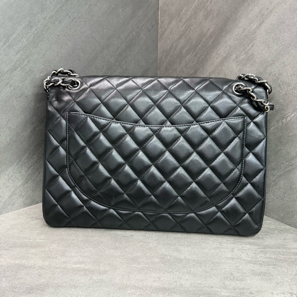 Chanel CF Maxi Black Lambskin Chain Bag with Silver Hardware, Size 16, Structured Shape, Clean Interior